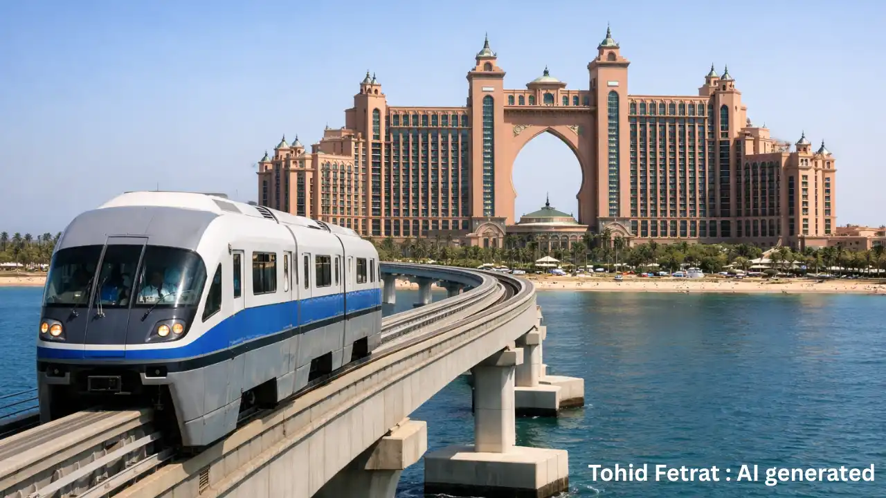Palm Jumeirah Monorail traveling over the sea toward Atlantis The Palm, showcasing Dubai’s iconic island transport connection. Presented by Tohid Fetrat.