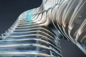 Iconic architectural facade detail of Bugatti Residences by Binghatti in Business Bay Dubai, showcasing fluid curves, illuminated balconies and ultra luxury futuristic design inspired by Bugatti. Presented by Tohid Fetrat.
