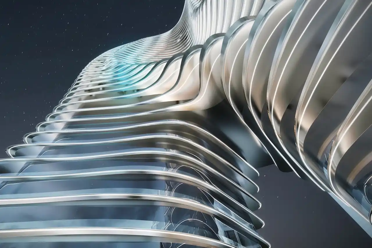 Iconic architectural facade detail of Bugatti Residences by Binghatti in Business Bay Dubai, showcasing fluid curves, illuminated balconies and ultra luxury futuristic design inspired by Bugatti. Presented by Tohid Fetrat.