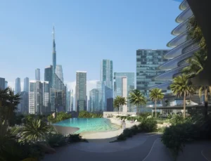 Infinity pool at Bugatti Residences by Binghatti in Business Bay Dubai, overlooking Burj Khalifa and Downtown skyline, surrounded by palm landscaping and ultra luxury architecture. Presented by Tohid Fetrat.