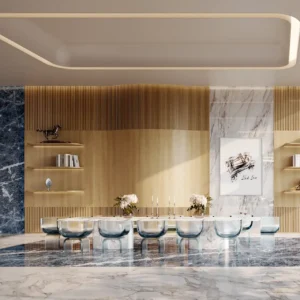 Luxury dining interior at Bugatti Residences by Binghatti in Business Bay Dubai, featuring bespoke furniture, marble finishes, sculptural lighting and automotive inspired design details. Presented by Tohid Fetrat.
