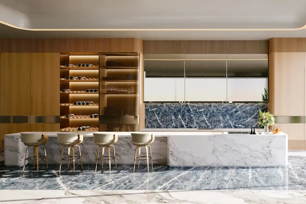 Luxury designer kitchen interior at Bugatti Residences by Binghatti in Business Bay Dubai, featuring marble countertops, custom cabinetry, wine display walls and refined ultra luxury finishes. Presented by Tohid Fetrat.