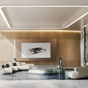 Luxury living lounge interior at Bugatti Residences by Binghatti in Business Bay Dubai, featuring bespoke furniture, sculptural lighting, marble flooring and automotive inspired design elements. Presented by Tohid Fetrat.