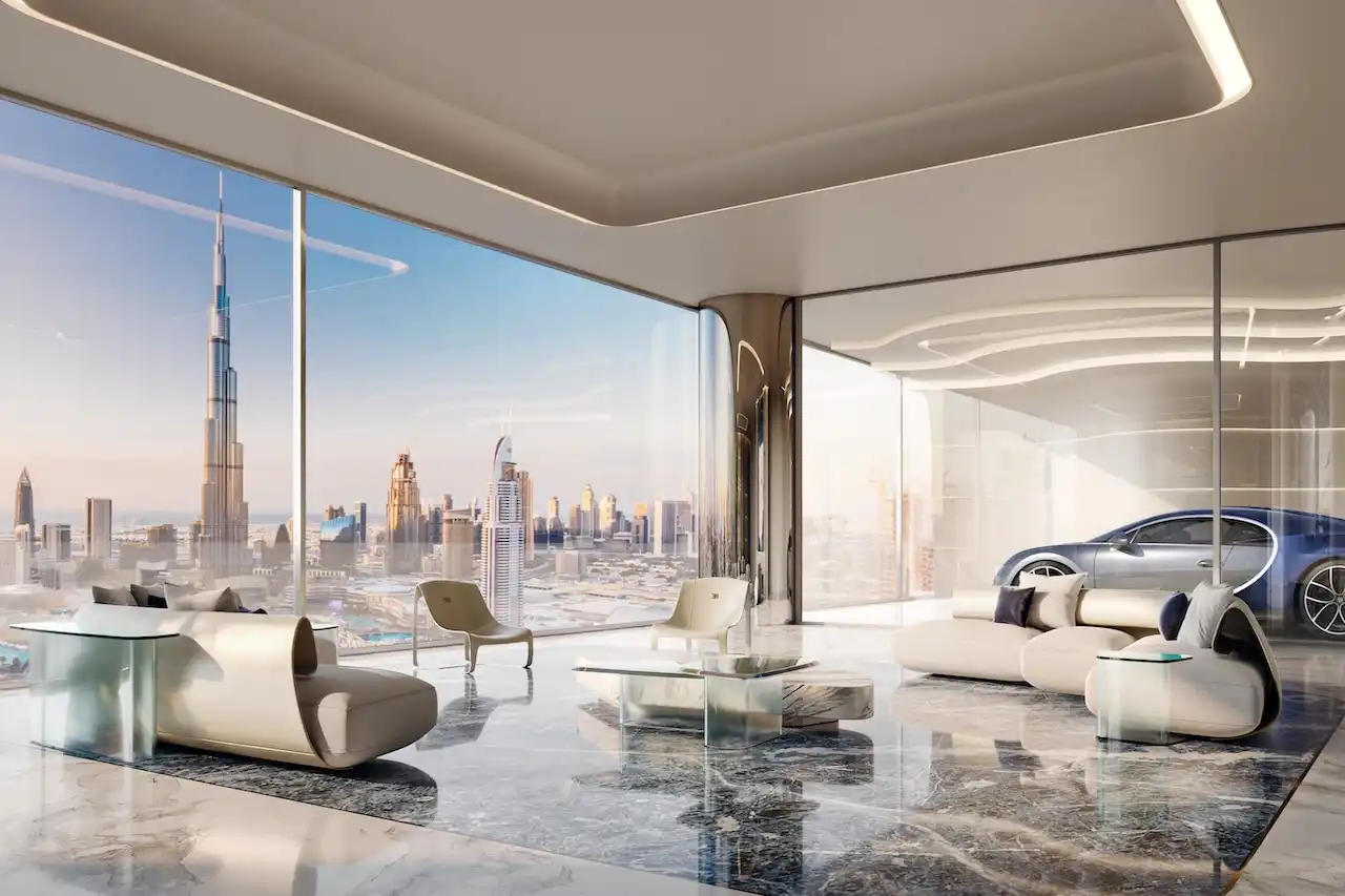 Ultra luxury living room interior at Bugatti Residences by Binghatti in Business Bay Dubai, featuring panoramic Burj Khalifa skyline views, bespoke furniture, marble flooring and a private car display integrated into the residence. Presented by Tohid Fetrat.