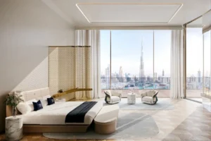 Master bedroom at Bugatti Residences by Binghatti in Business Bay Dubai, featuring floor to ceiling windows with Burj Khalifa and Downtown skyline views, ultra luxury interior design and private terrace. Presented by Tohid Fetrat.