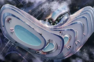 Aerial view of Bugatti Residences by Binghatti in Business Bay Dubai, showcasing fluid rooftop architecture with luxury swimming pools and sculptural design. Presented by Tohid Fetrat.