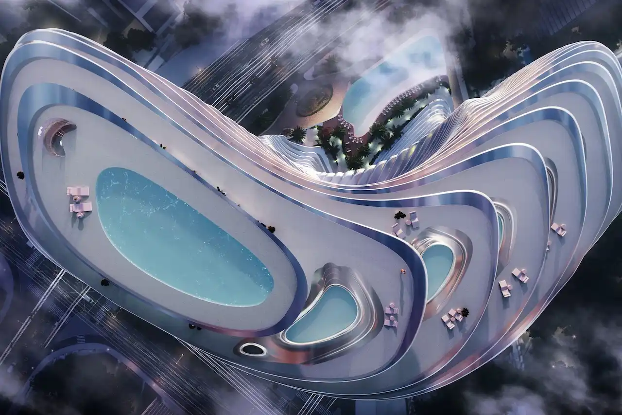 Aerial view of Bugatti Residences by Binghatti in Business Bay Dubai, showcasing fluid rooftop architecture with luxury swimming pools and sculptural design. Presented by Tohid Fetrat.