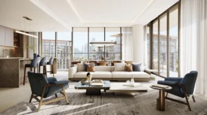 City Walk Crestlane by Meraas showing a luxury 3 bedroom living and dining interior with floor to ceiling windows modern furniture warm tones and views of the Dubai skyline presented by Tohid Fetrat.