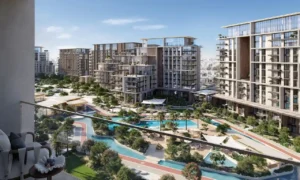 City Walk Crestlane by Meraas showing a luxury balcony view overlooking landscaped pools modern residences and green community spaces inside a premium Dubai development presented by Tohid Fetrat.