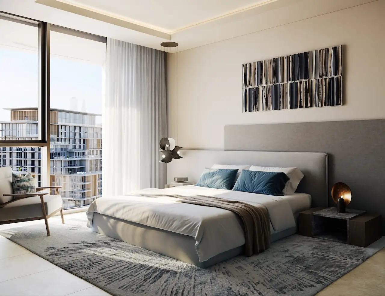 City Walk Crestlane by Meraas showing a luxury 3 bedroom residence with a modern bedroom interior soft natural light contemporary decor and views overlooking the landscaped community presented by Tohid Fetrat.