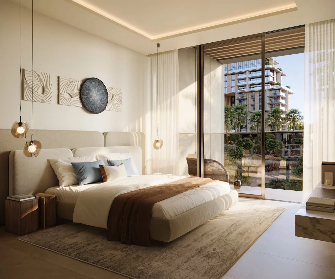 City Walk Crestlane by Meraas showing a luxury bedroom interior with warm natural light modern finishes and a balcony overlooking landscaped community views presented by Tohid Fetrat.