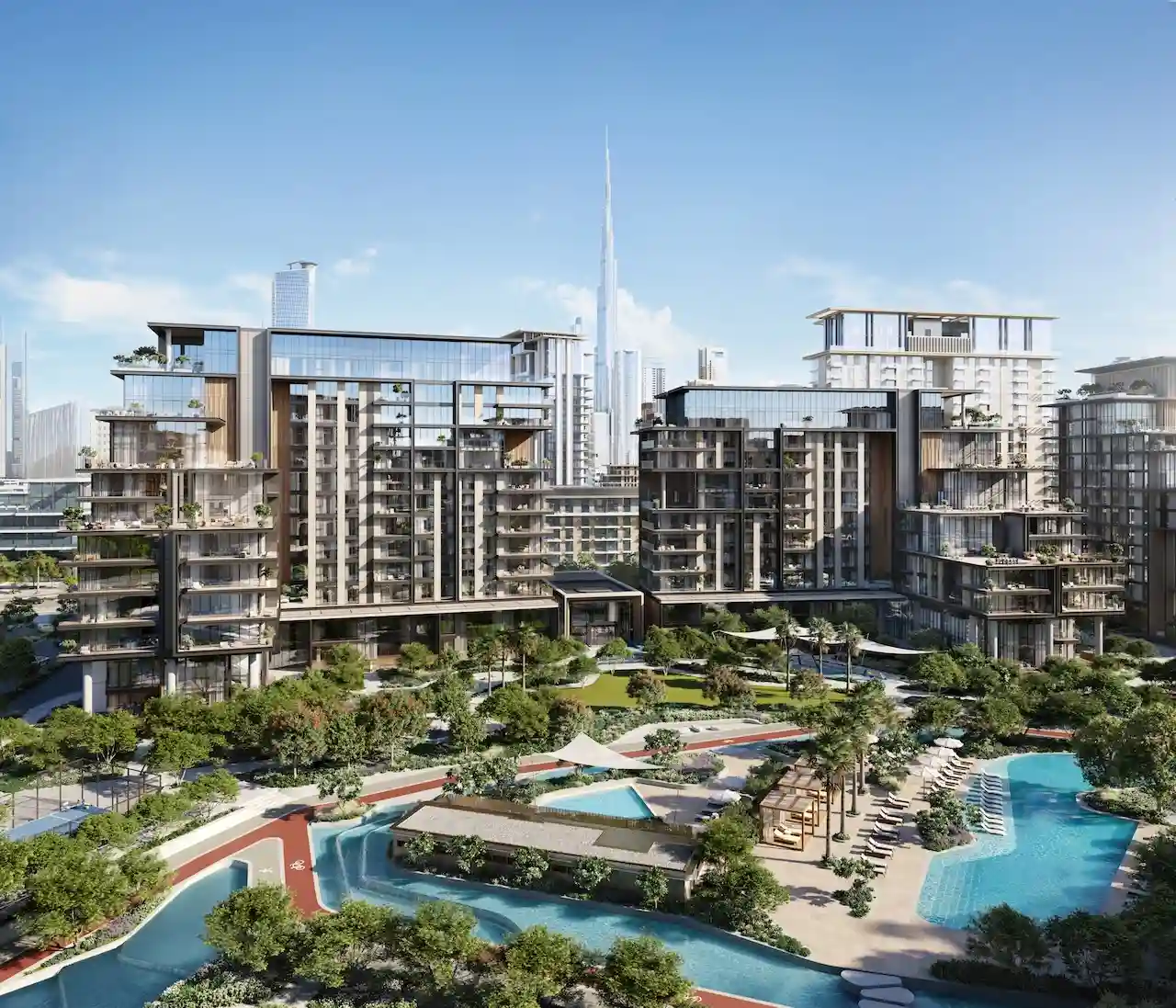 City Walk Crestlane by Meraas showing luxury modern residences landscaped pools and green community spaces with a direct view of the Burj Khalifa presented by Tohid Fetrat.