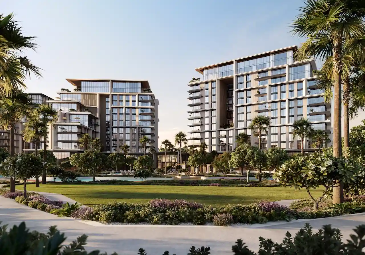 City Walk Crestlane by Meraas showing luxury residences overlooking a landscaped central park with palm trees gardens walking paths and premium outdoor community spaces presented by Tohid Fetrat.