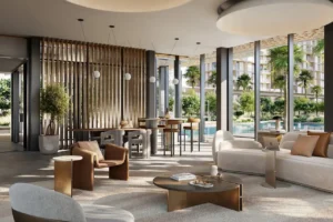 City Walk Crestlane by Meraas showing a luxury community hub lounge interior with modern furniture warm natural light and views of the landscaped pool and residences presented by Tohid Fetrat.