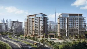 City Walk Crestlane by Meraas showing luxury modern residences with glass facades landscaped surroundings and a clear view of the Dubai skyline including the Burj Khalifa presented by Tohid Fetrat.