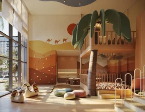 City Walk Crestlane by Meraas showing a luxury kids club interior with themed play structures climbing wall soft seating natural light and creative activity zones presented by Tohid Fetrat.