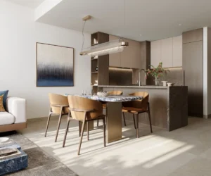City Walk Crestlane by Meraas showing a luxury kitchen and dining interior with modern cabinetry marble finishes elegant lighting and contemporary furniture presented by Tohid Fetrat.