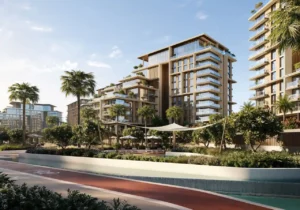 City Walk Crestlane by Meraas showing luxury modern residences surrounded by landscaped greenery shaded seating areas palm trees and resort style outdoor pathways presented by Tohid Fetrat.