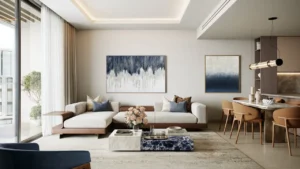 City Walk Crestlane by Meraas showing a luxury living and dining interior with modern furniture soft neutral tones elegant artwork and natural light from floor to ceiling windows presented by Tohid Fetrat.
