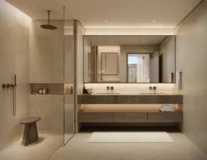 City Walk Crestlane by Meraas showing a luxury bathroom interior with double vanity marble finishes soft lighting walk in shower and modern minimalist design presented by Tohid Fetrat.