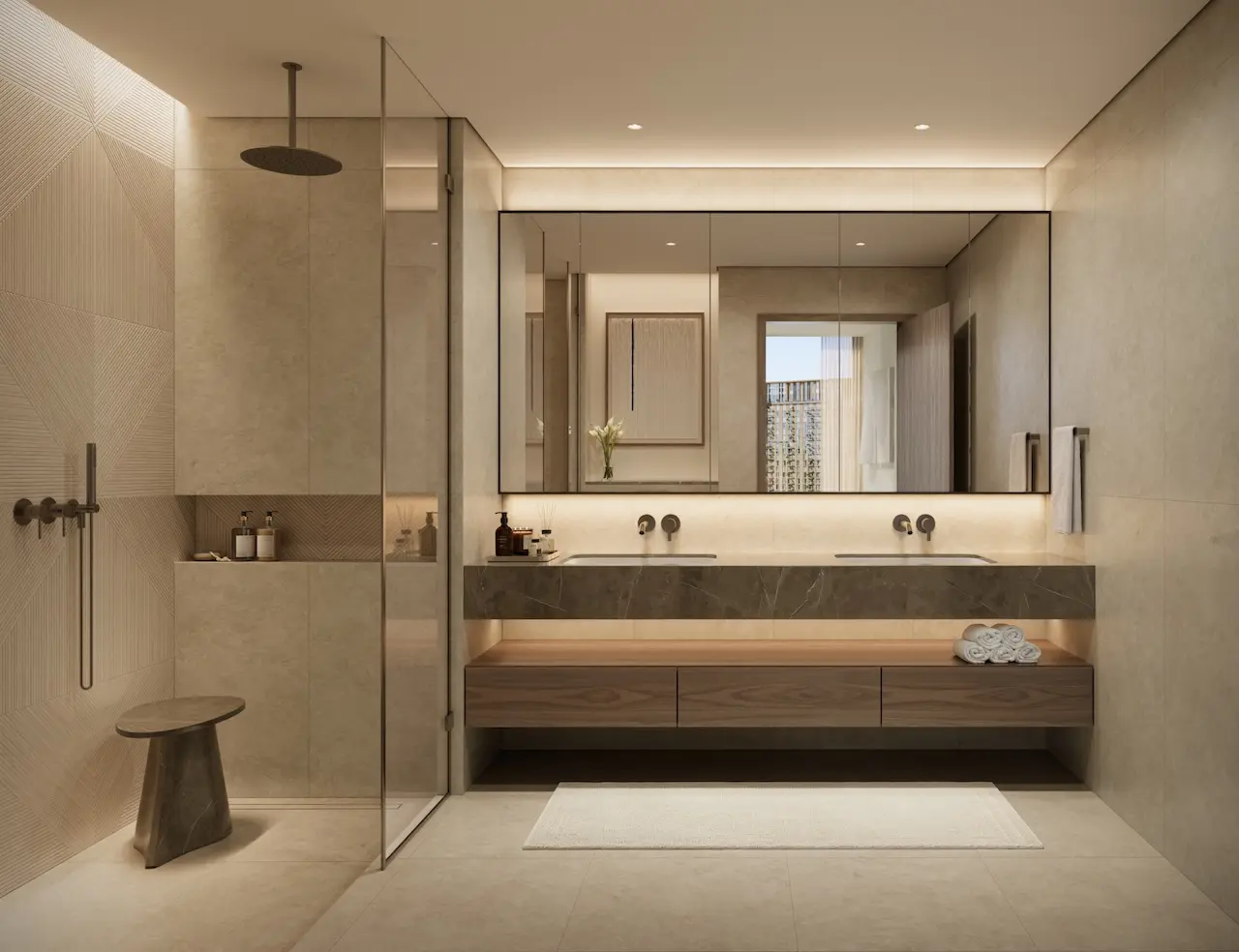 City Walk Crestlane by Meraas showing a luxury bathroom interior with double vanity marble finishes soft lighting walk in shower and modern minimalist design presented by Tohid Fetrat.