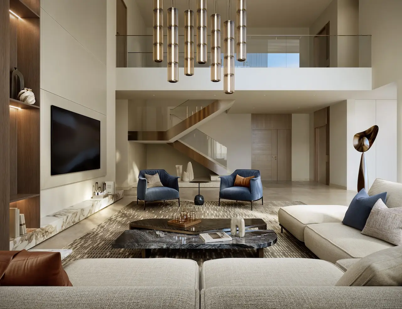 City Walk Crestlane by Meraas showing a luxury double height living room interior with modern furniture elegant lighting marble finishes and warm contemporary design presented by Tohid Fetrat.