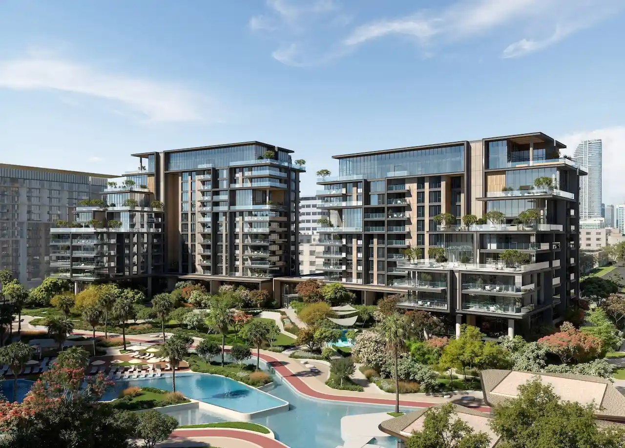 City Walk Crestlane by Meraas showing luxury residences landscaped greenery resort style pools and modern community design in a premium Dubai neighborhood presented by Tohid Fetrat.