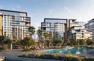 City Walk Crestlane by Meraas showing luxury modern residences with landscaped greenery sun loungers and a resort style pool in a premium Dubai community presented by Tohid Fetrat.