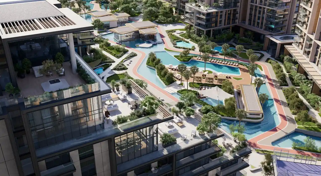 City Walk Crestlane by Meraas showing elevated terraces landscaped pools running tracks and modern outdoor amenities inside a premium Dubai masterplan community presented by Tohid Fetrat.