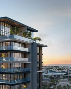 City Walk Crestlane by Meraas showing a luxury residence with glass terraces rooftop greenery and a sunset view over the surrounding community presented by Tohid Fetrat.