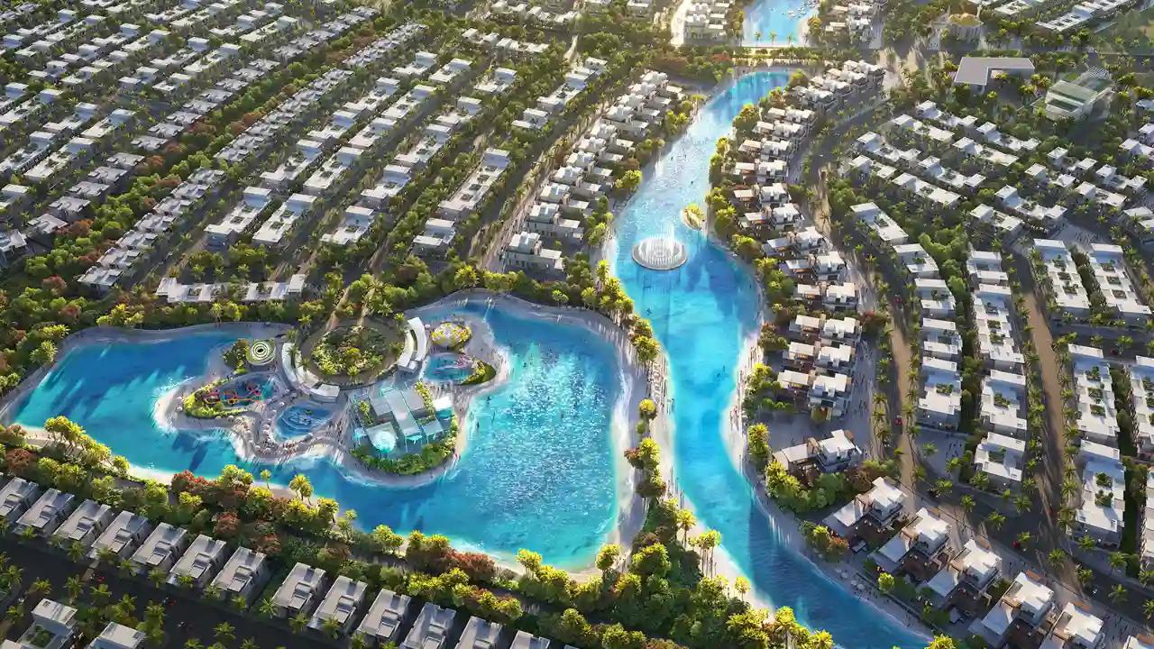 DAMAC Island in Dubai — luxury waterfront villas and crystal lagoon surrounded by greenery and modern design — presented by Tohid Fetrat.