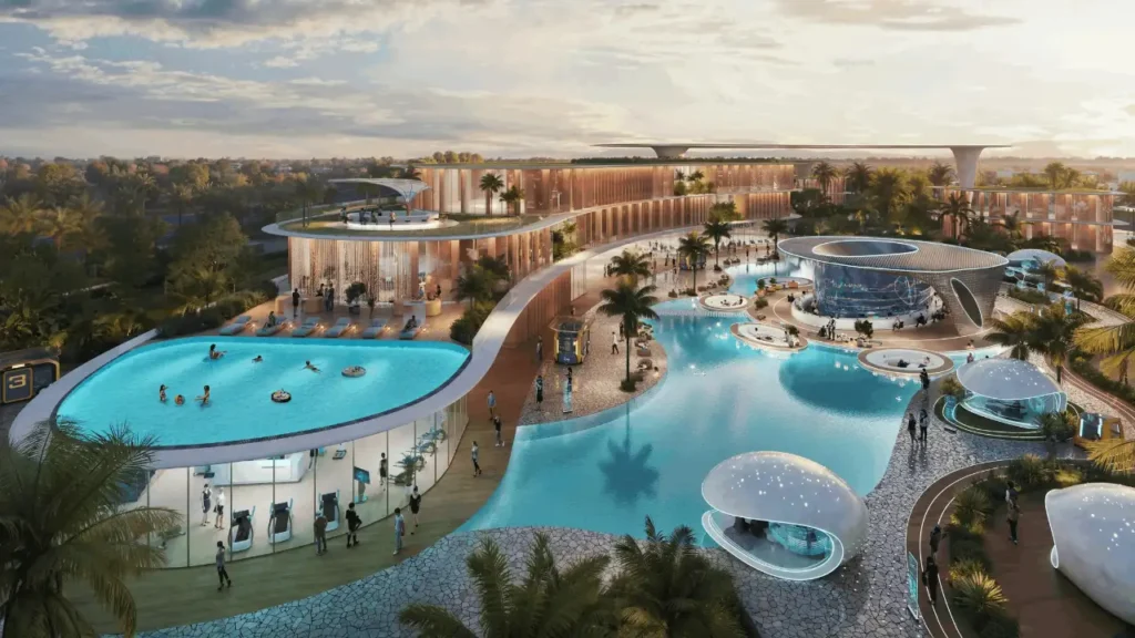 Crystal lagoon lifestyle view at DAMAC Islands 2 featuring resort style swimming pools, waterfront promenades, and island inspired leisure zones in Dubailand, presented by Tohid Fetrat.