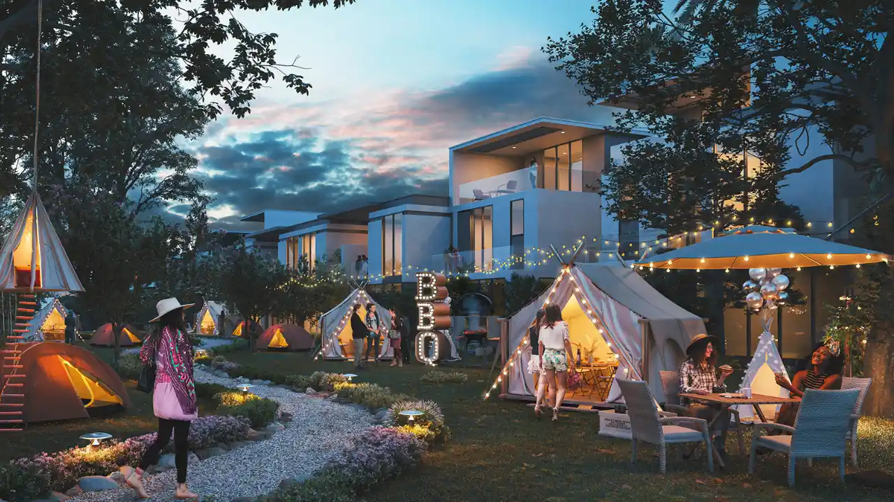 DAMAC Sun City Dubai — family-friendly community with villas, outdoor camping areas, and evening leisure spaces — presented by Tohid Fetrat.