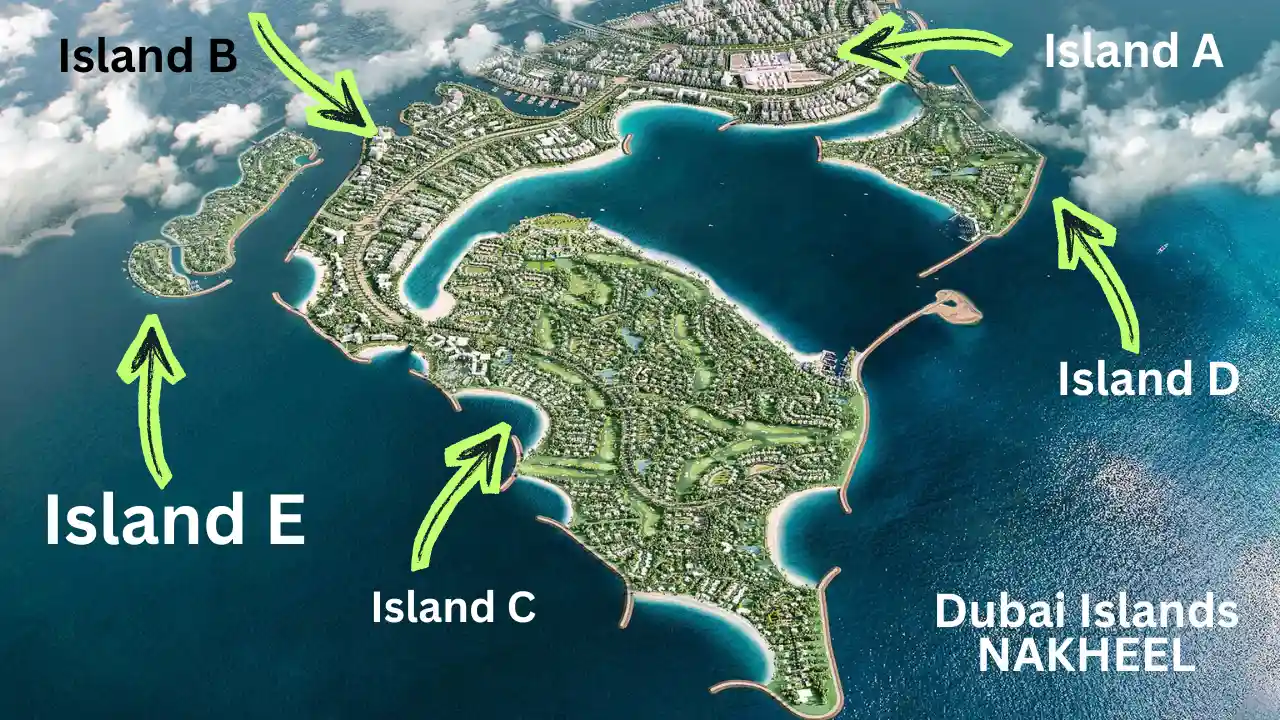 Dubai Islands master plan showing Islands A, B, C, D and E clearly labeled, highlighting the full island layout, waterfront zones and planned lifestyle destinations by Nakheel. Presented by Tohid Fetrat.