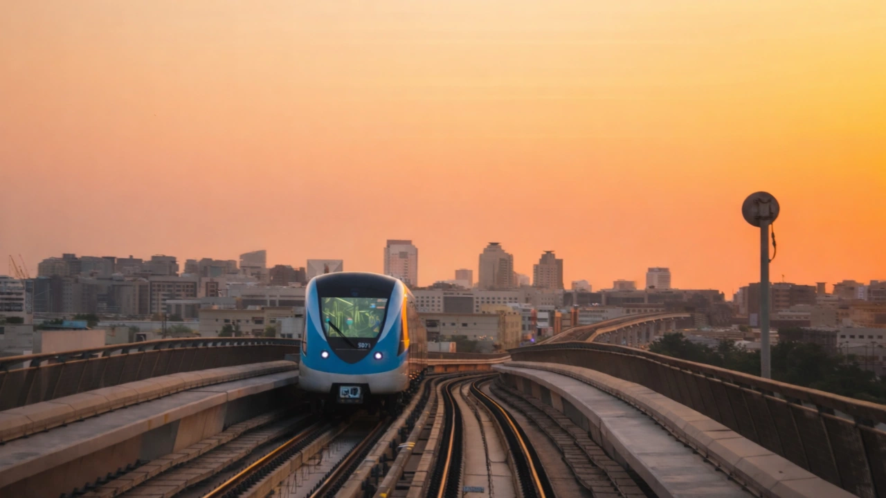 Dubai Metro Green Line train operating on an elevated track at sunset, showcasing modern public transport infrastructure connecting Deira and Bur Dubai. Presented by Tohid Fetrat.