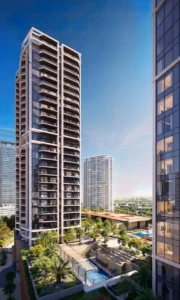 Amenities overview at Eltiera Views, featuring luxury residential towers, landscaped gardens, pools, and modern leisure facilities in Dubai. Presented by Tohid Fetrat.