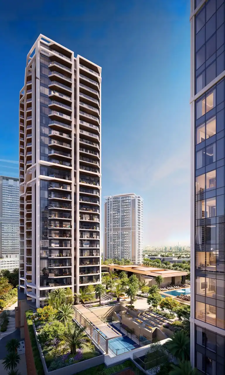 Amenities overview at Eltiera Views, featuring luxury residential towers, landscaped gardens, pools, and modern leisure facilities in Dubai. Presented by Tohid Fetrat.