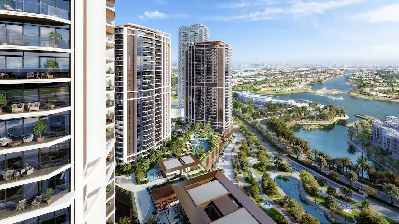 Eltiera Views balkon gorunumu, modern konut kuleleri, yesil alanlar ve su manzarasi ile Dubai’de prestijli bir yasam sunar. Tohid Fetrat tarafindan sunulmustur.