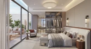 Luxury bedroom at Eltiera Views featuring a spacious layout, modern furnishings, walk-in wardrobe, and floor-to-ceiling windows, offering a refined residential lifestyle in Dubai. Presented by Tohid Fetrat.