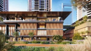 Clubhouse at Eltiera Views featuring contemporary architecture, landscaped gardens, and premium lifestyle amenities in Dubai. Presented by Tohid Fetrat.