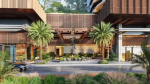 Outdoor F&B and café area at Eltiera Views featuring landscaped seating, palm trees, and modern retail frontage in Dubai. Presented by Tohid Fetrat.