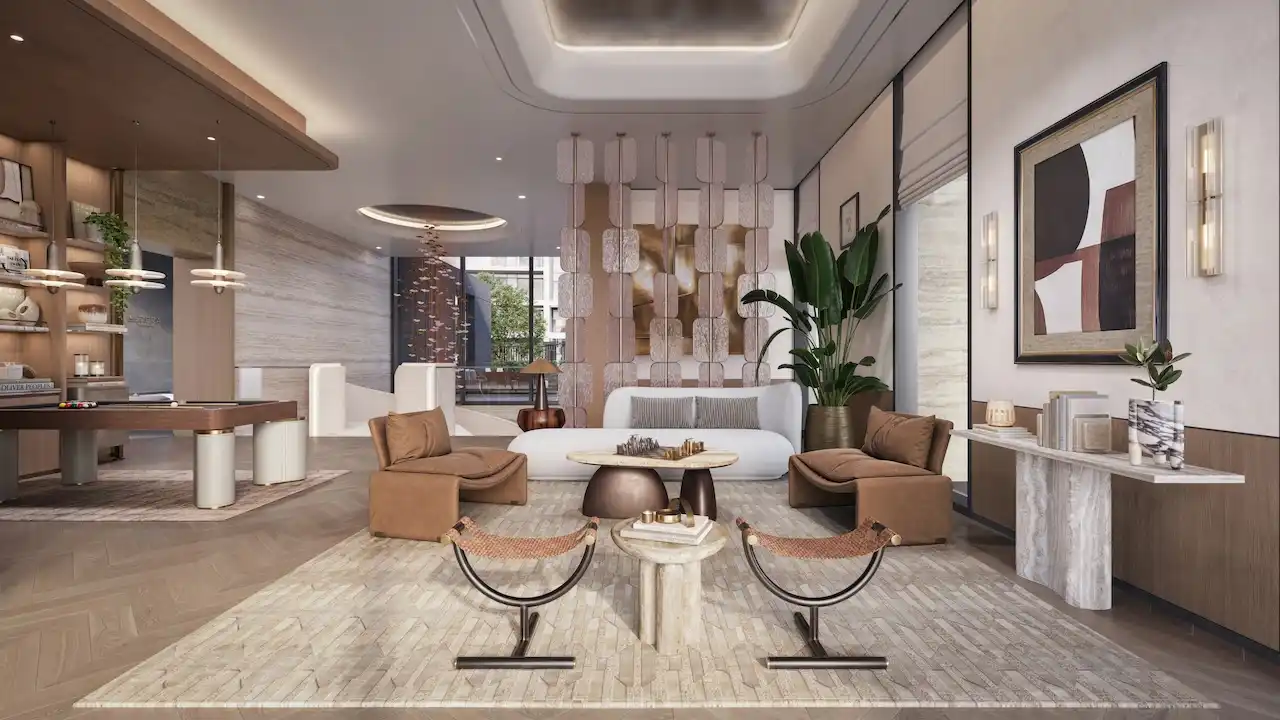 Luxury game room at Eltiera Views featuring an elegant lounge setting, billiards table, modern seating, and refined interior design, offering a premium leisure experience for residents in Dubai. Presented by Tohid Fetrat.