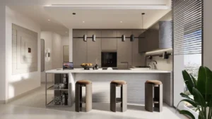 Luxury modern kitchen at Eltiera Views featuring a marble island, built-in appliances, minimalist cabinetry, and panoramic city views, offering a refined residential lifestyle in Dubai. Presented by Tohid Fetrat.