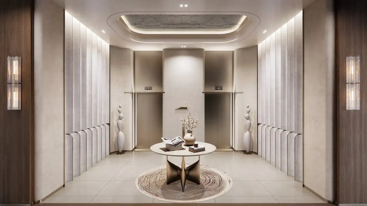 Luxury lift lobby at Eltiera Views featuring elegant architectural detailing, soft lighting, and refined finishes, reflecting a premium residential arrival experience in Dubai. Presented by Tohid Fetrat.
