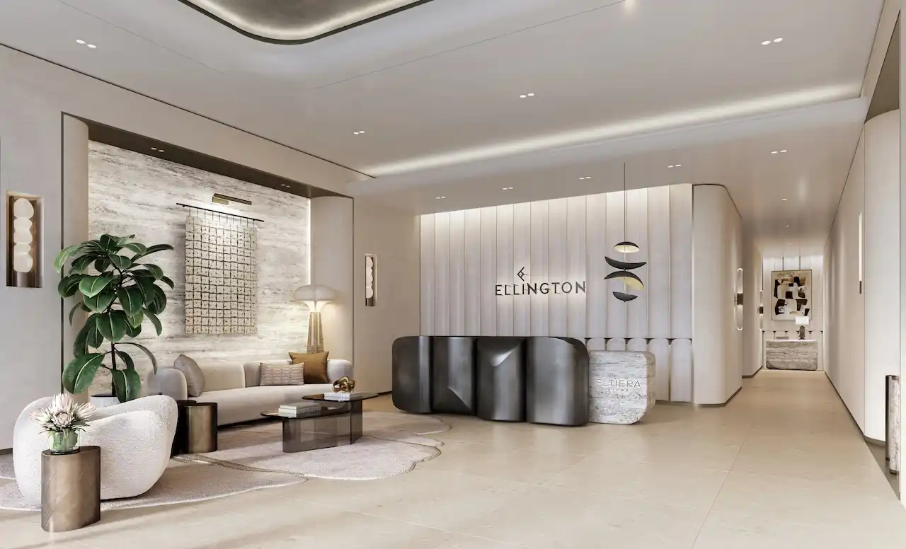 Luxury main lobby at Eltiera Views by Ellington featuring refined interiors, elegant seating, and contemporary architectural design, creating a premium residential welcome in Dubai. Presented by Tohid Fetrat.