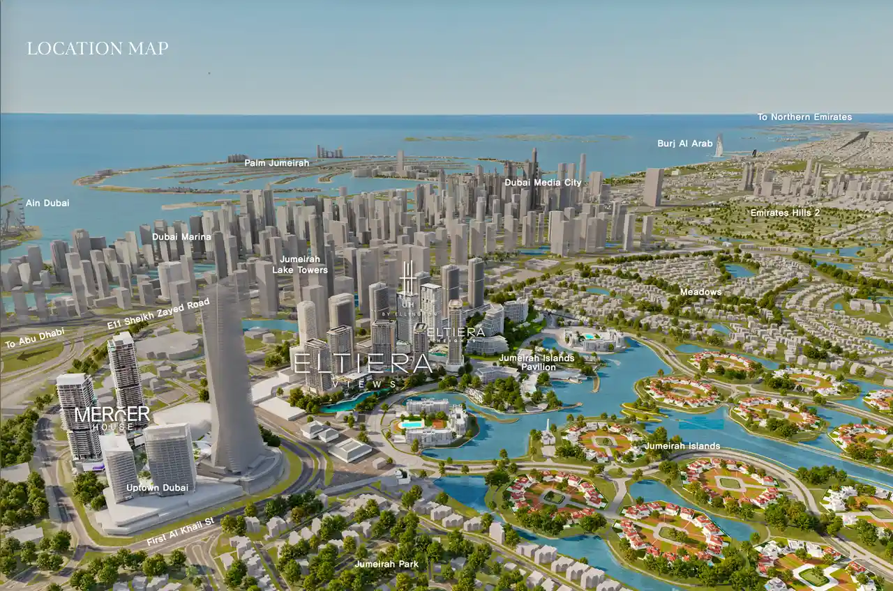 Location map of Eltiera Views showing its position near Jumeirah Islands, Jumeirah Lake Towers, Dubai Marina, Palm Jumeirah, and Sheikh Zayed Road, highlighting connectivity within Dubai. Presented by Tohid Fetrat.