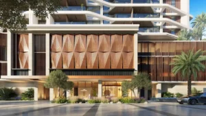 Main entrance of Eltiera Views showcasing contemporary architectural design, elegant facade details, and premium residential living in Dubai. Presented by Tohid Fetrat.