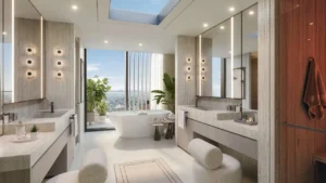 Luxury penthouse bathroom at Eltiera Views featuring a freestanding bathtub, dual vanity, marble finishes, and panoramic city views, offering an elevated residential experience in Dubai. Presented by Tohid Fetrat.