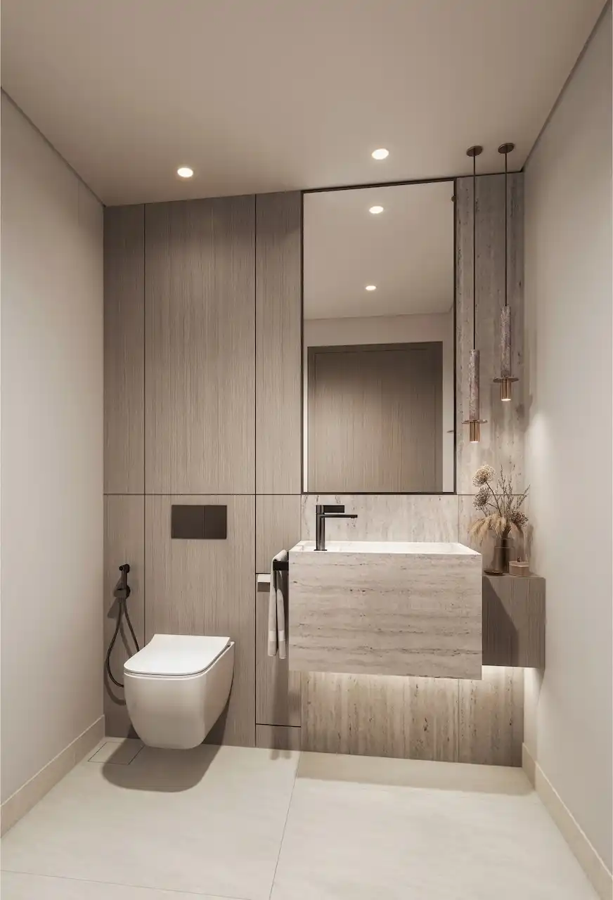 Luxury powder room at Eltiera Views featuring minimalist design, stone finishes, modern vanity, and refined lighting, offering an elegant residential bathroom experience in Dubai. Presented by Tohid Fetrat.