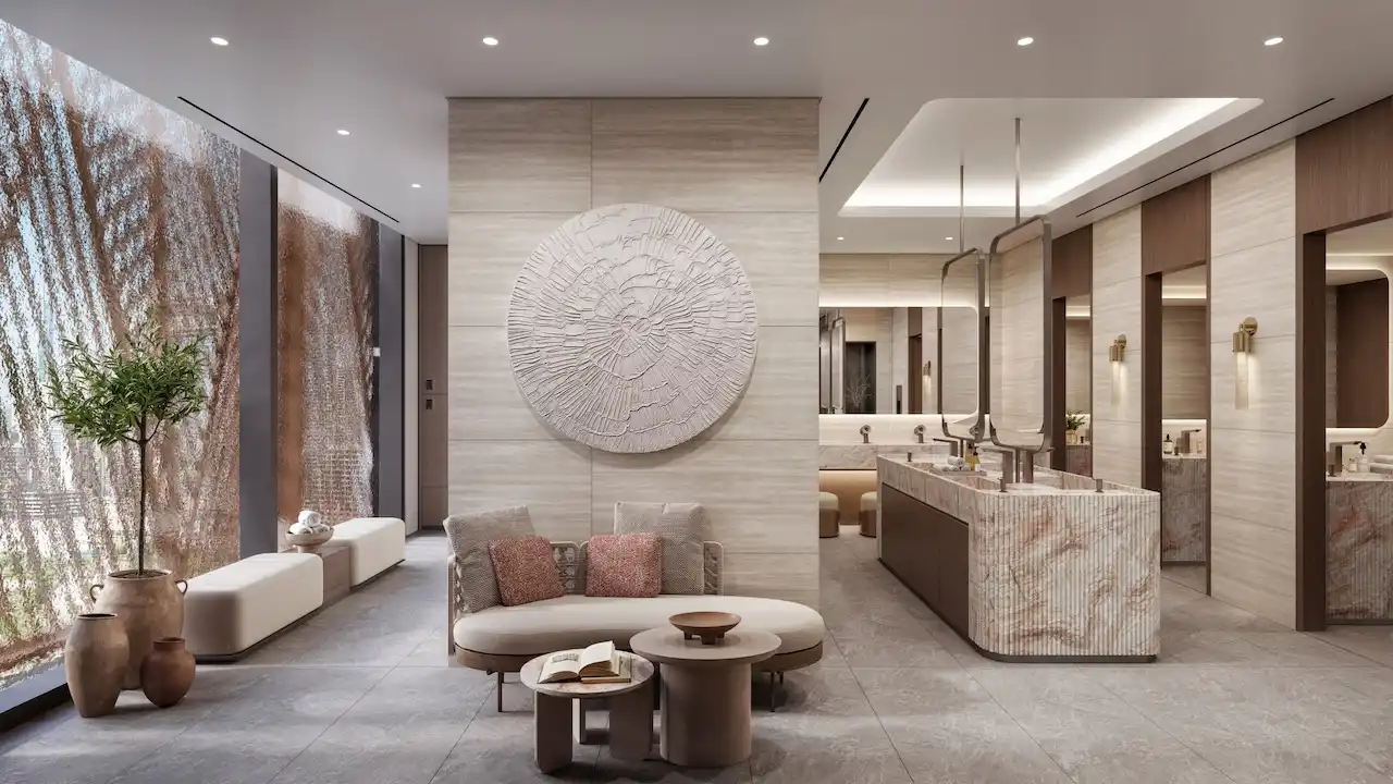 Luxury spa and wellness area at Eltiera Views featuring serene interiors, natural materials, and a calm atmosphere designed for relaxation and rejuvenation in Dubai. Presented by Tohid Fetrat.